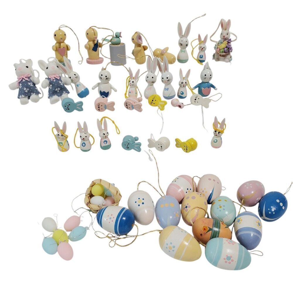 Lot 42+ Vintage Wooden Miniature Easter Bunny Eggs Chick Ornaments up to 1.5"‎